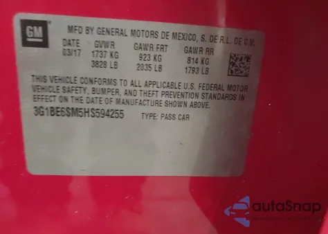 2017 Chevrolet Cruze Lt Auto из США, поврежденный, VIN 3G1BE6SM5HS594255